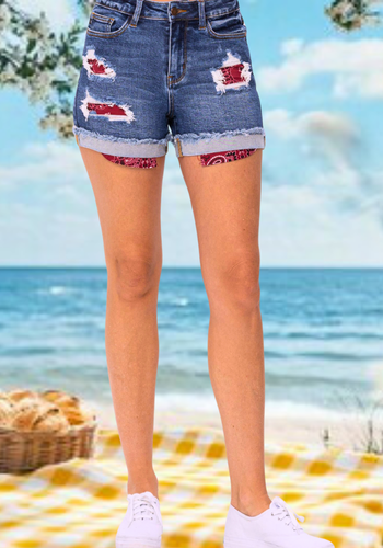 JUDY BLUE HIGH WAIST DESTROYED WITH BANDANA LINING SHORTS