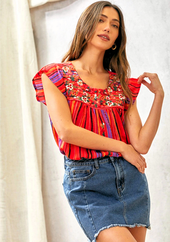 SAVANNA JANE RED MULTI FLORAL EMBROIDERY BLOUSE