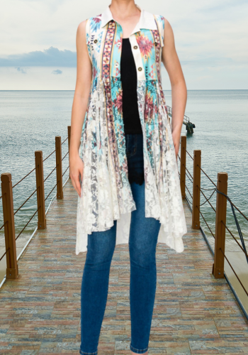 AZTEC PRINT FAUX SUEDE VEST WITH LACE LAYER