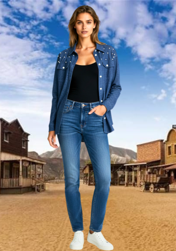 PEARL EMBELLISHED DENIM STYLE SHIRT