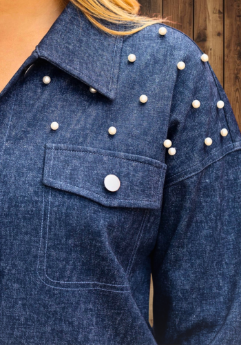 PEARL EMBELLISHED DENIM STYLE SHIRT