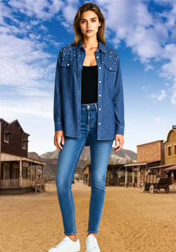 PEARL EMBELLISHED DENIM STYLE SHIRT