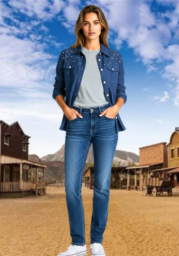 PEARL EMBELLISHED DENIM STYLE SHIRT