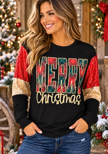 MERRY CHRISTMAS TOP WITH RED & GOLD SEQUIN SLEEVES