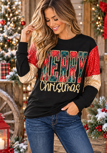 MERRY CHRISTMAS TOP WITH RED & GOLD SEQUIN SLEEVES