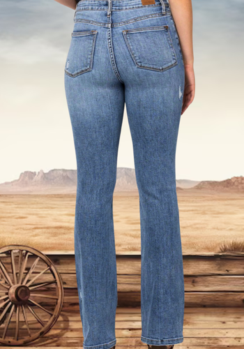 HIGH WAIST STONE WASH DESTROYED BOOTCUT JEAN
