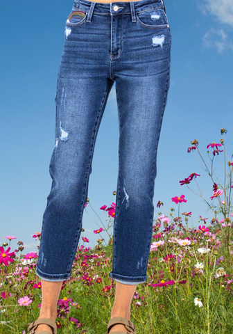 JUDY BLUE RAINBOW EMBROIDERY CROPPED STRAIGHT LEG JEAN