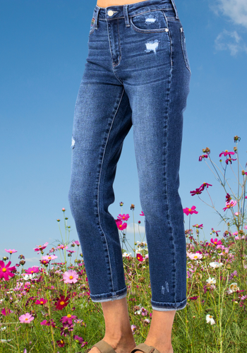 JUDY BLUE RAINBOW EMBROIDERY CROPPED STRAIGHT LEG JEAN