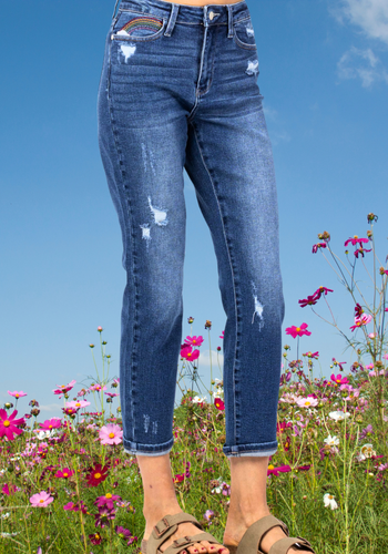 JUDY BLUE RAINBOW EMBROIDERY CROPPED STRAIGHT LEG JEAN