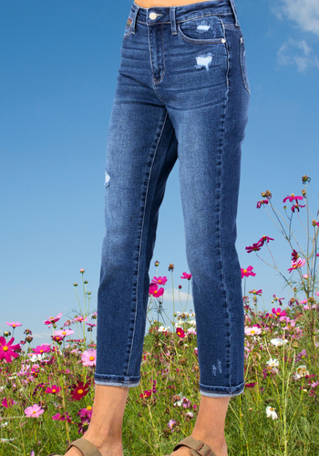 JUDY BLUE RAINBOW EMBROIDERY CROPPED STRAIGHT LEG JEAN