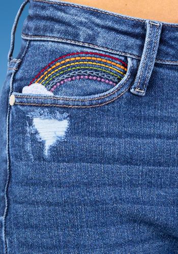 JUDY BLUE RAINBOW EMBROIDERY CROPPED STRAIGHT LEG JEAN
