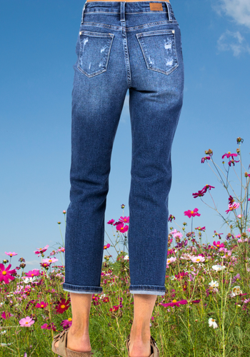JUDY BLUE RAINBOW EMBROIDERY CROPPED STRAIGHT LEG JEAN
