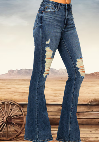 JUDY BLUE HIGH WAIST KNEE DESTROY FLARE JEAN