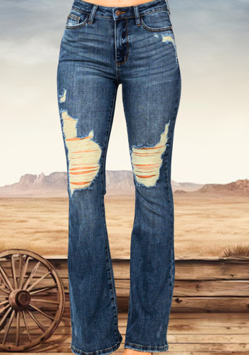 JUDY BLUE HIGH WAIST KNEE DESTROY FLARE JEAN