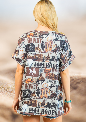 WESTERN PRINT SHORT SLEEVE KNIT TOP