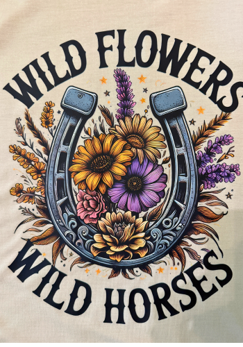 BEIGE WILD FLOWERS & WILD HORSES T-SHIRT