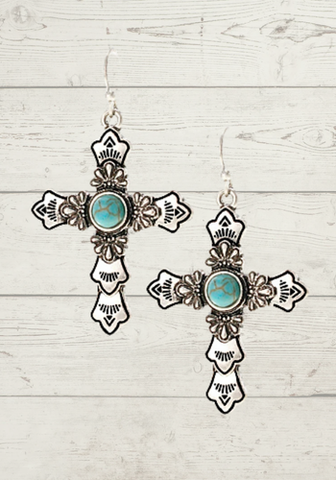 SILVERTONE AND TURQUOISE CAMILLA CROSS EARRINGS