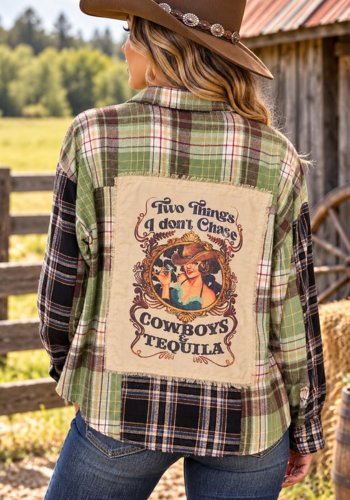 MULTI-COLORED BLACK & GREEN PLAID SHIRT WITH COWGIRL PRINT