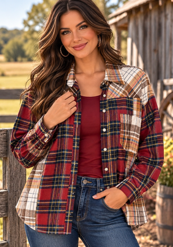 MULTI-COLORED BURGUNDY & BROWN PLAID FLANNEL SHIRT WITH COWGIRL