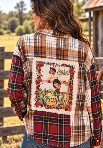 MULTI-COLORED BURGUNDY & BROWN PLAID FLANNEL SHIRT WITH COWGIRL