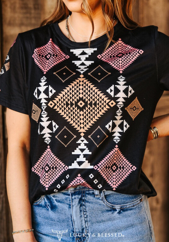 BLACK  AZTEC PRINT SHORT SLEEVE TOP