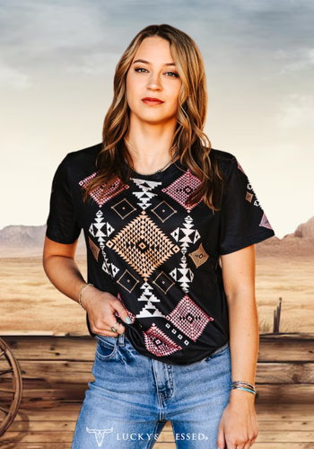 BLACK  AZTEC PRINT SHORT SLEEVE TOP