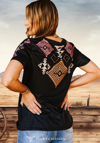 BLACK  AZTEC PRINT SHORT SLEEVE TOP