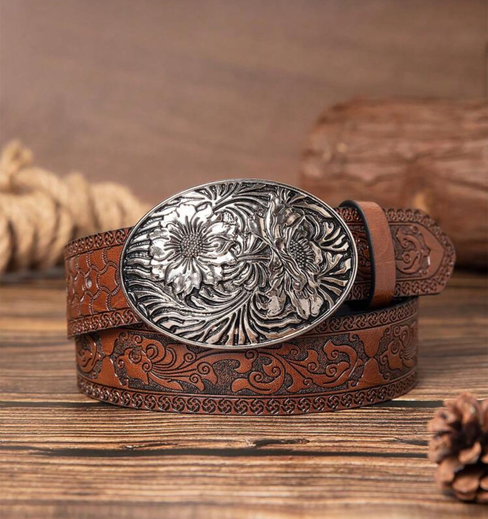 WESTERN RETRO BROWN PATTERENED BELT-40"