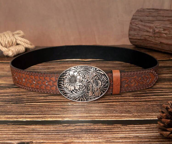 WESTERN RETRO BROWN PATTERENED BELT-40"