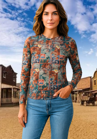 VINTAGE COLLAGE WESTERN MESH TOP