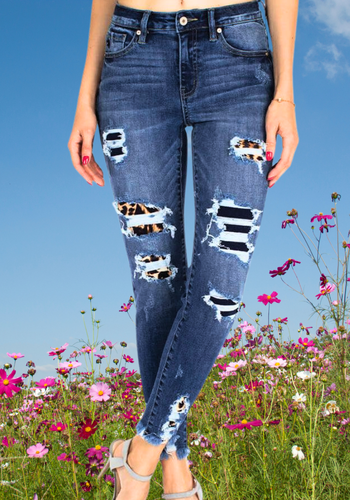 KANCAN GEMMA HIGH RISE ANKLE LEOPARD PATCH JEAN