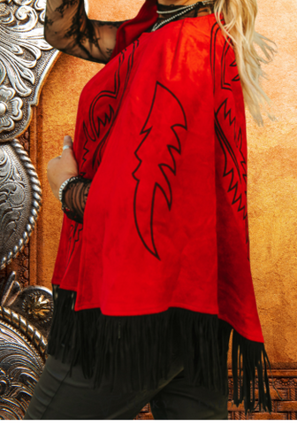 RED SUEDE BOOT STITCH EMBROIDERED CAPE/JACKET