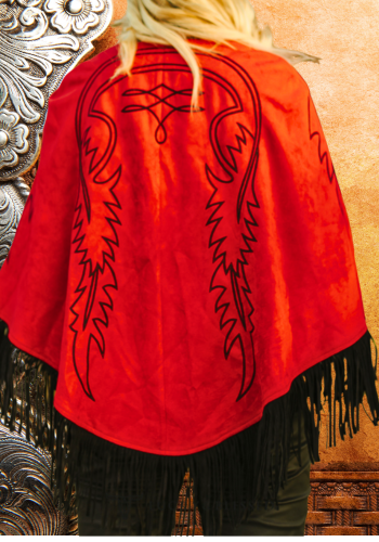 RED SUEDE BOOT STITCH EMBROIDERED CAPE/JACKET