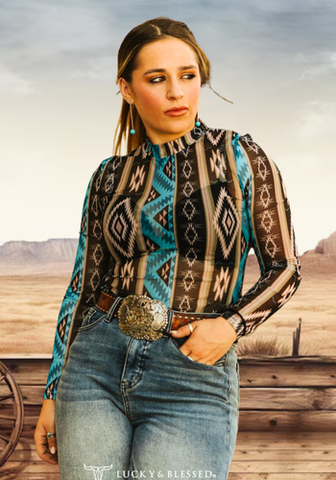 TURQUOISE / BLACK AZTEC PRINTED MESH TOP