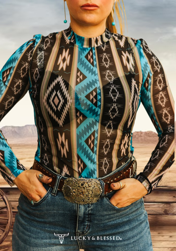 TURQUOISE / BLACK AZTEC PRINTED MESH TOP