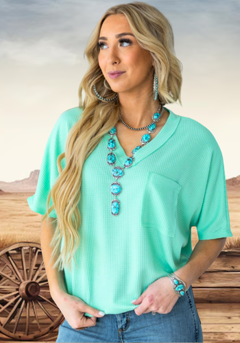 MINT GREEN V-NECK WAFFLE TOP
