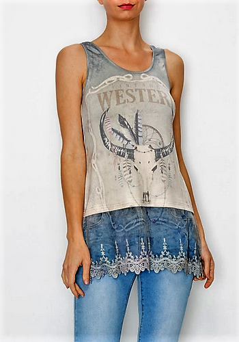 WESTERN SKULL TANK TOP WITH LACE TRIMMINGS