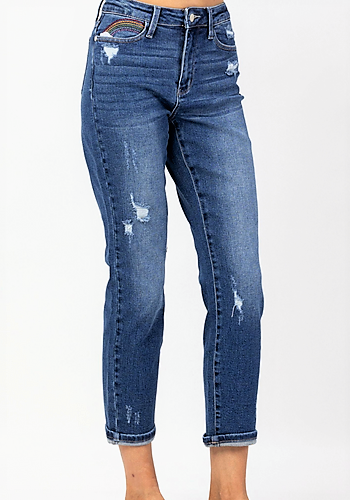JUDY BLUE RAINBOW EMBROIDERY CROPPED STRAIGHT LEG JEAN