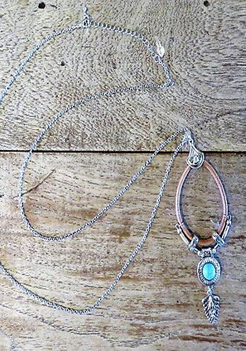 SILVERTONE, TURQUOISE, AND FAUX LEATHER BOHO CHARM TEARDROP NECKLACE