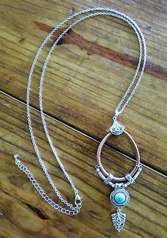 SILVERTONE, TURQUOISE, AND FAUX LEATHER BOHO CHARM TEARDROP NECKLACE