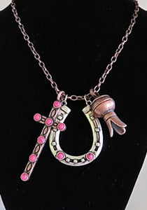 PINK BEADED TWO-TONE HORSESHOE TRIPLE PENDANT NECKLACE