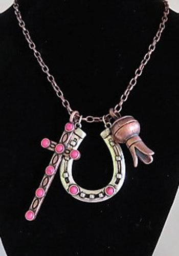 PINK BEADED TWO-TONE HORSESHOE TRIPLE PENDANT NECKLACE