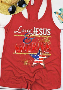 LOVES JESUS AND AMERICA TOO!  RACERBACK T- SHIRT