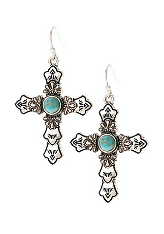 SILVERTONE AND TURQUOISE CAMILLA CROSS EARRINGS