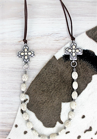 HOWLITE BEADED DOUBLE SQUARE CROSS CORD NECKLACE